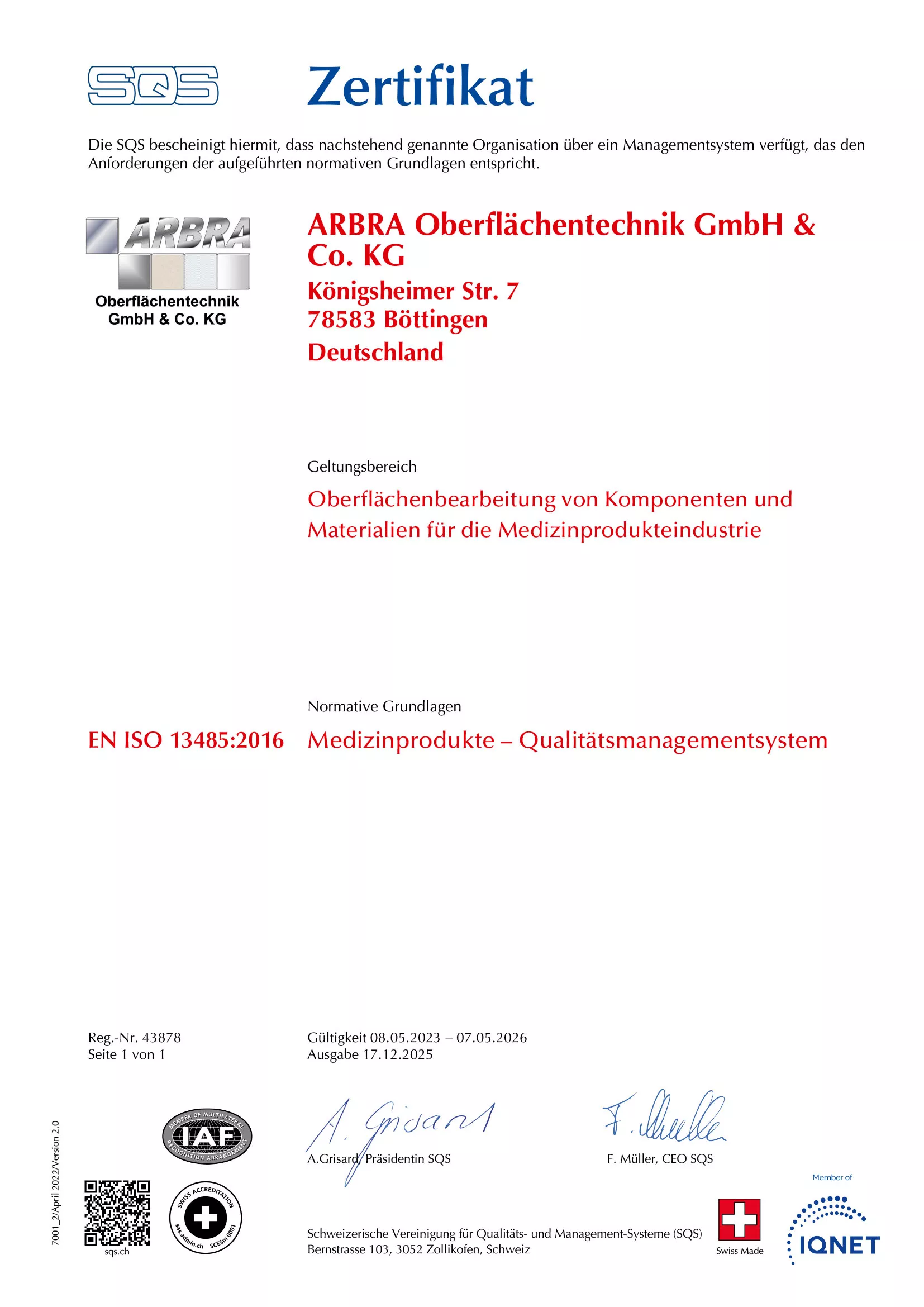 Zertifikat ISO 13485